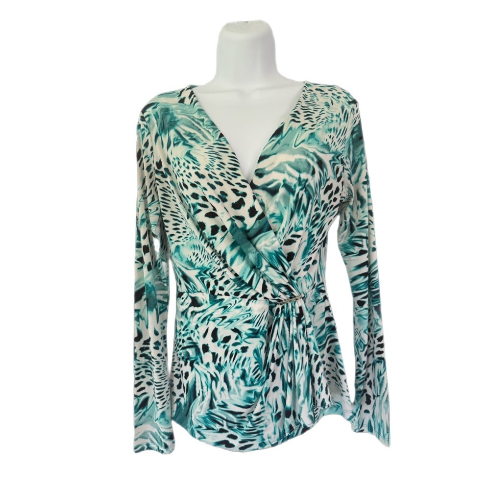 Jennifer Lopez Women's Size - Small Green Animal Print V-Neck Long Sleeve Top